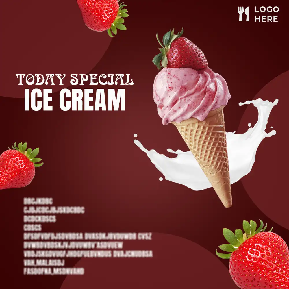 Strawberry ice cream cone with fresh strawberries and milk splash on red background – today’s special offer poster