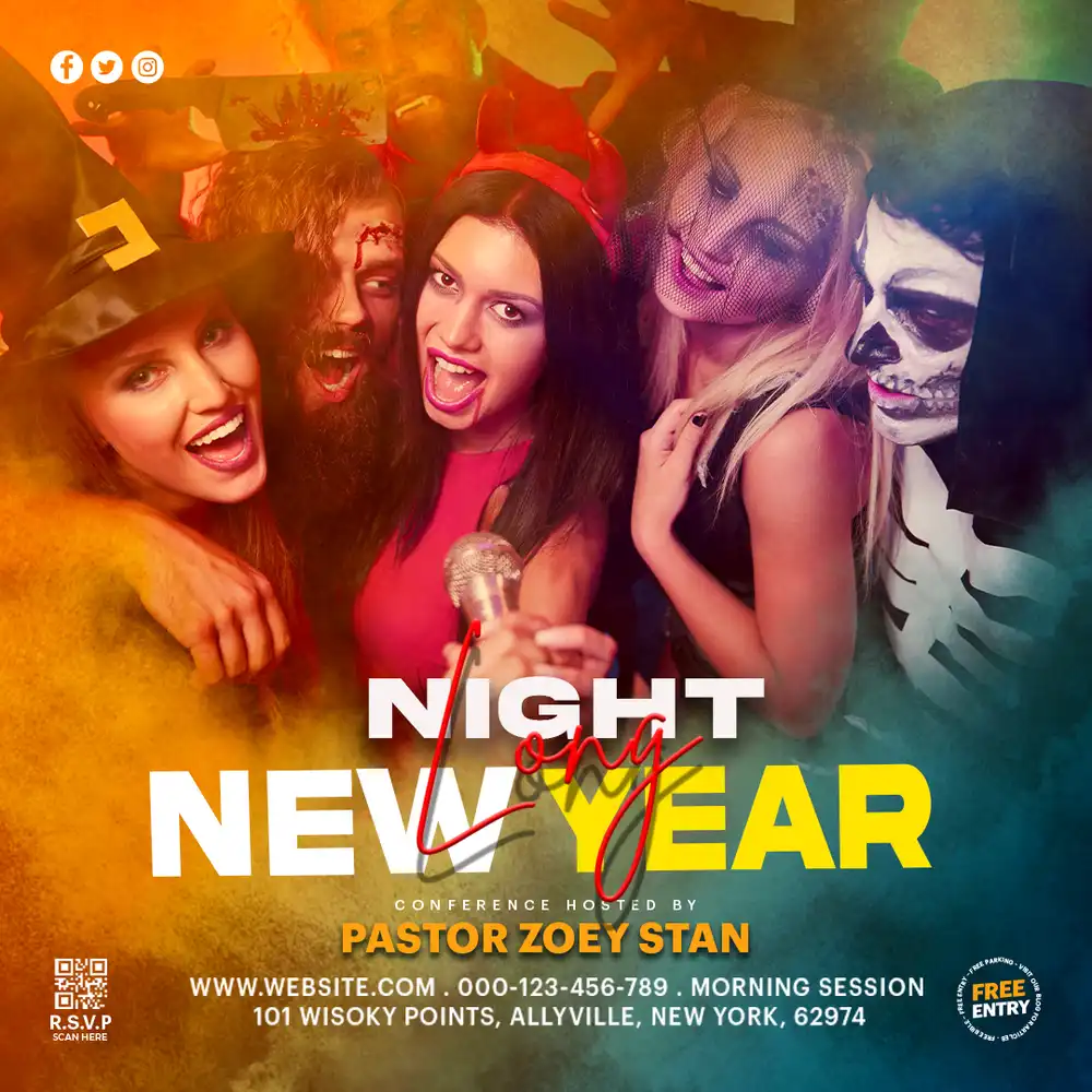 Modern New Year Party Flyer with neon colors featuring DJ night promotion and editable event details