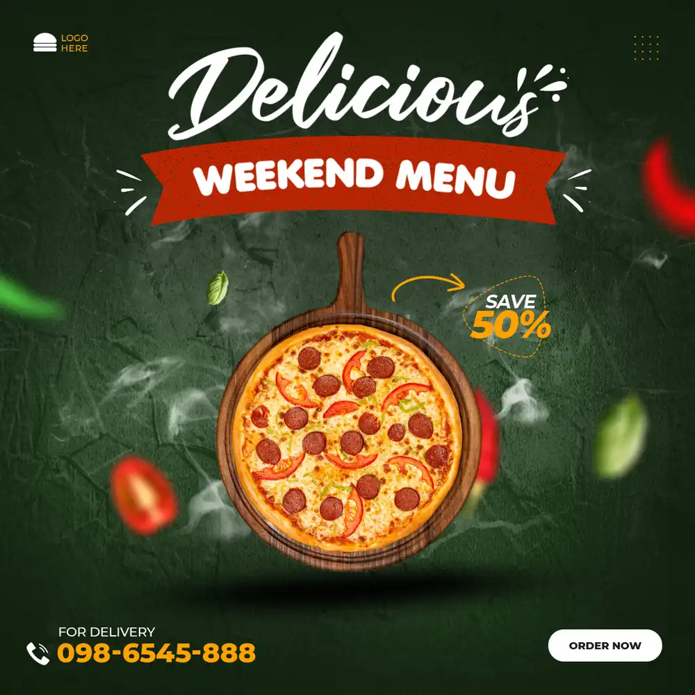 Hot and crispy cheese pizza displayed in a promotional PSD menu template for special pizza offers