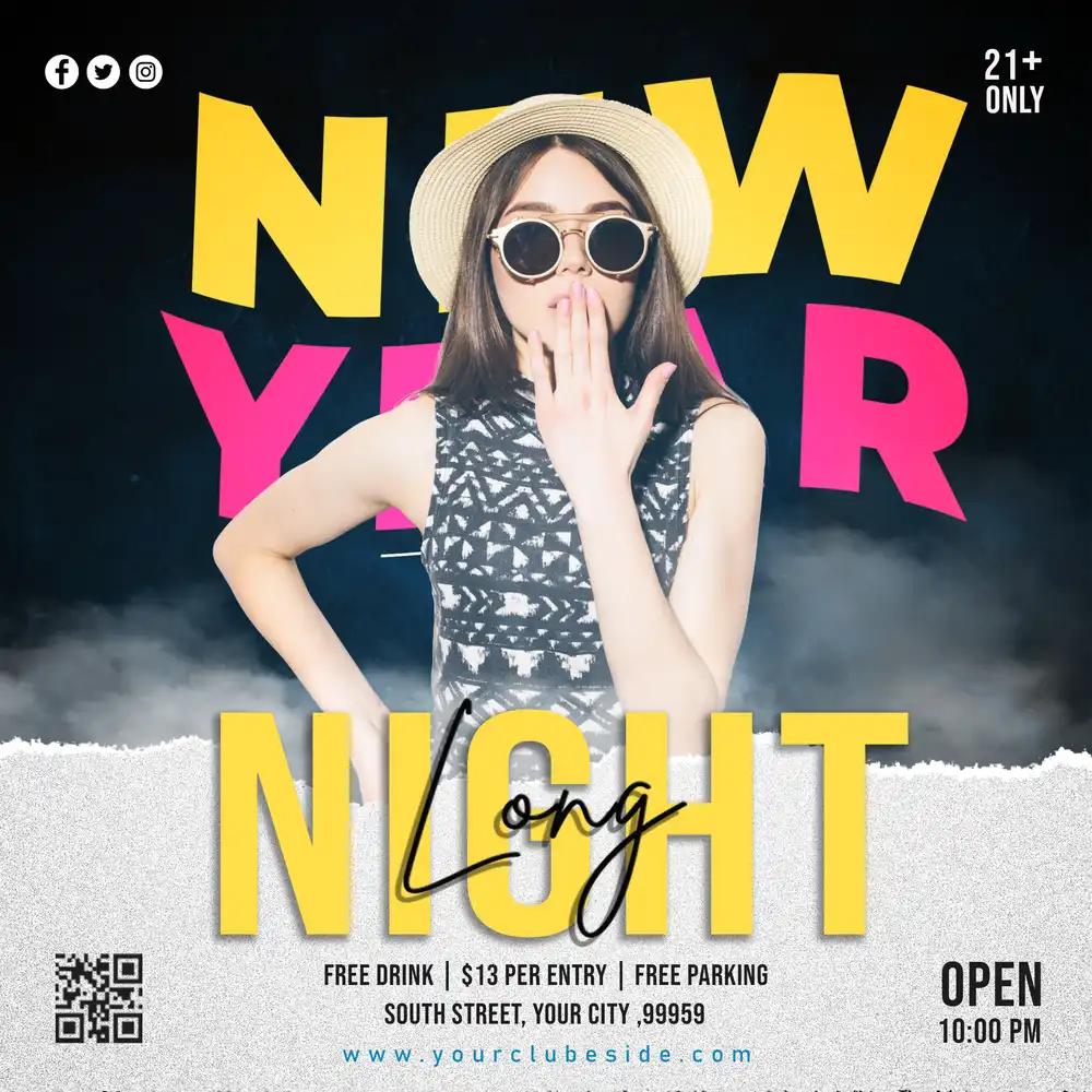 New Year celebration flyer design with nightclub party theme and editable printable layout