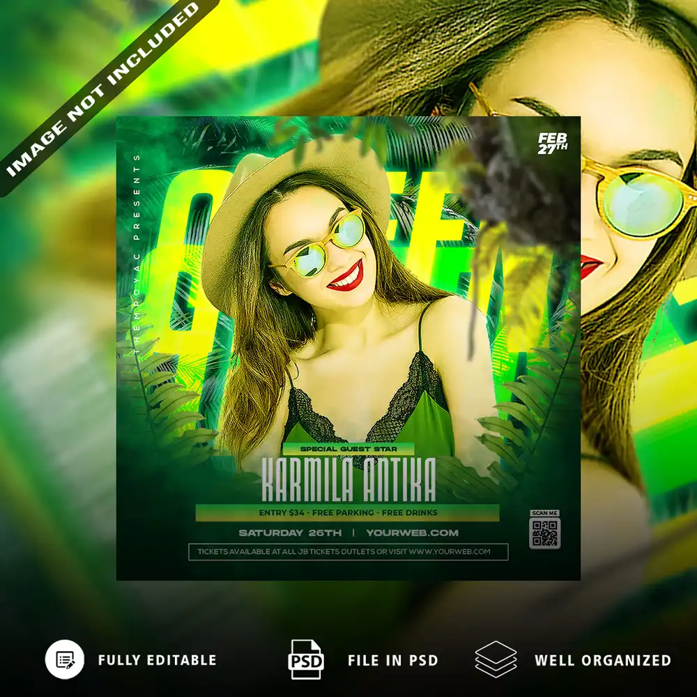 Modern party flyer PSD with tropical neon design