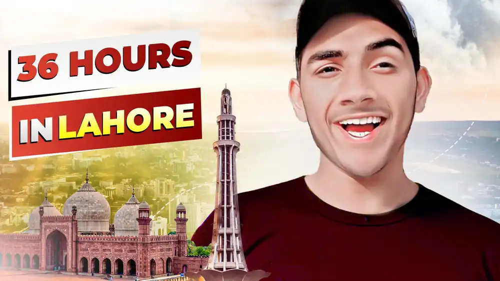 36 Hours in Lahore travel vlog PSD thumbnail with Minar-e-Pakistan, Badshahi Masjid, and cheerful host portrait.