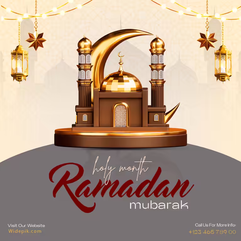 3D Ramadan Mubarak greeting with golden mosque crescent and lanterns