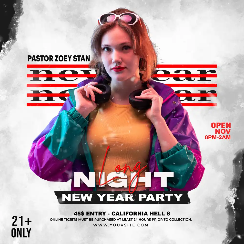 New Year’s Eve party flyer with neon lights, DJ booth, dancing crowd, and ‘Celebrate 2026’ text, promoting a club night event