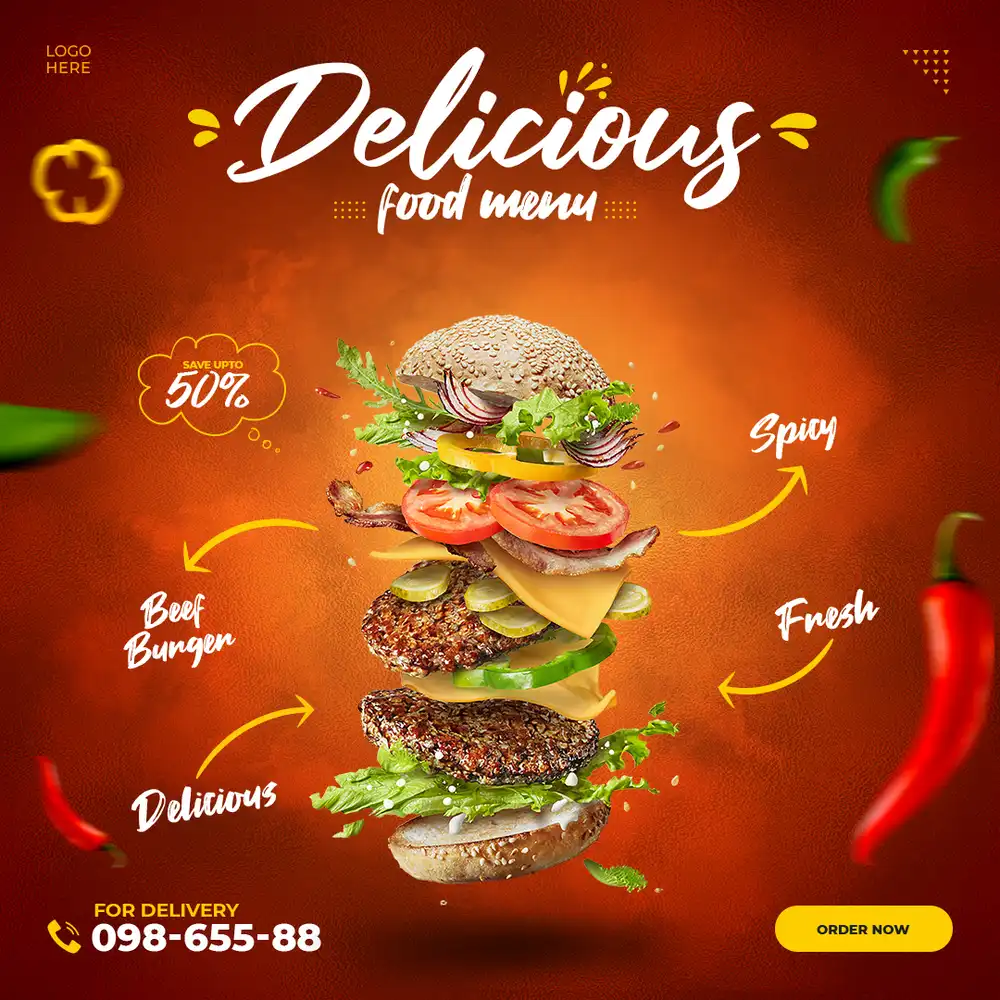 PSD template showcasing a Veggie Burger for restaurant menu promotions