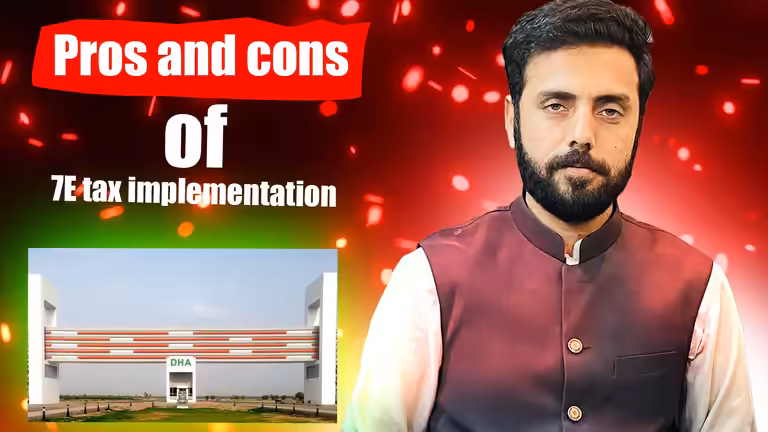 7E Tax Implementation PSD template featuring pros and cons of property tax banner and DHA gate design