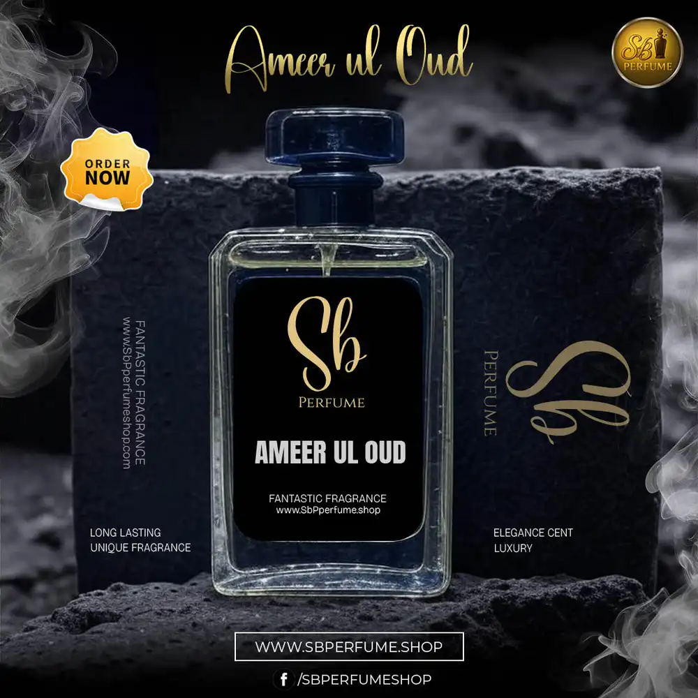 Ameer ul Oud perfume PSD mockup with luxury bottle, editable for branding and marketing.