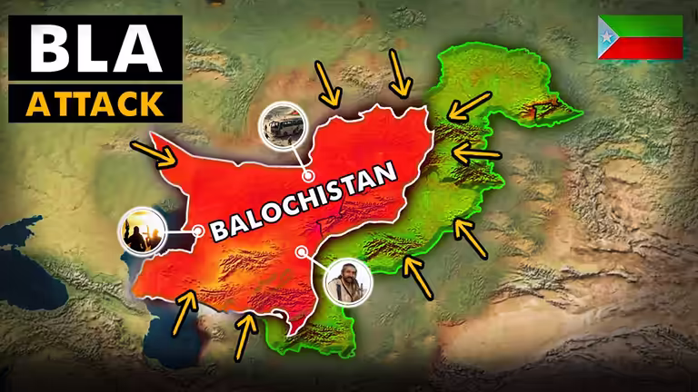 BLA Attack Thumbnail PSD showing a map of Balochistan with red highlights and news icons for YouTube video editing.