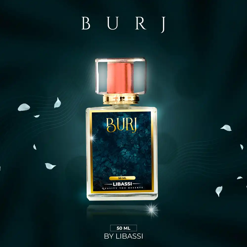 Burj perfume PSD mockup with luxury bottle, editable for branding and marketing.