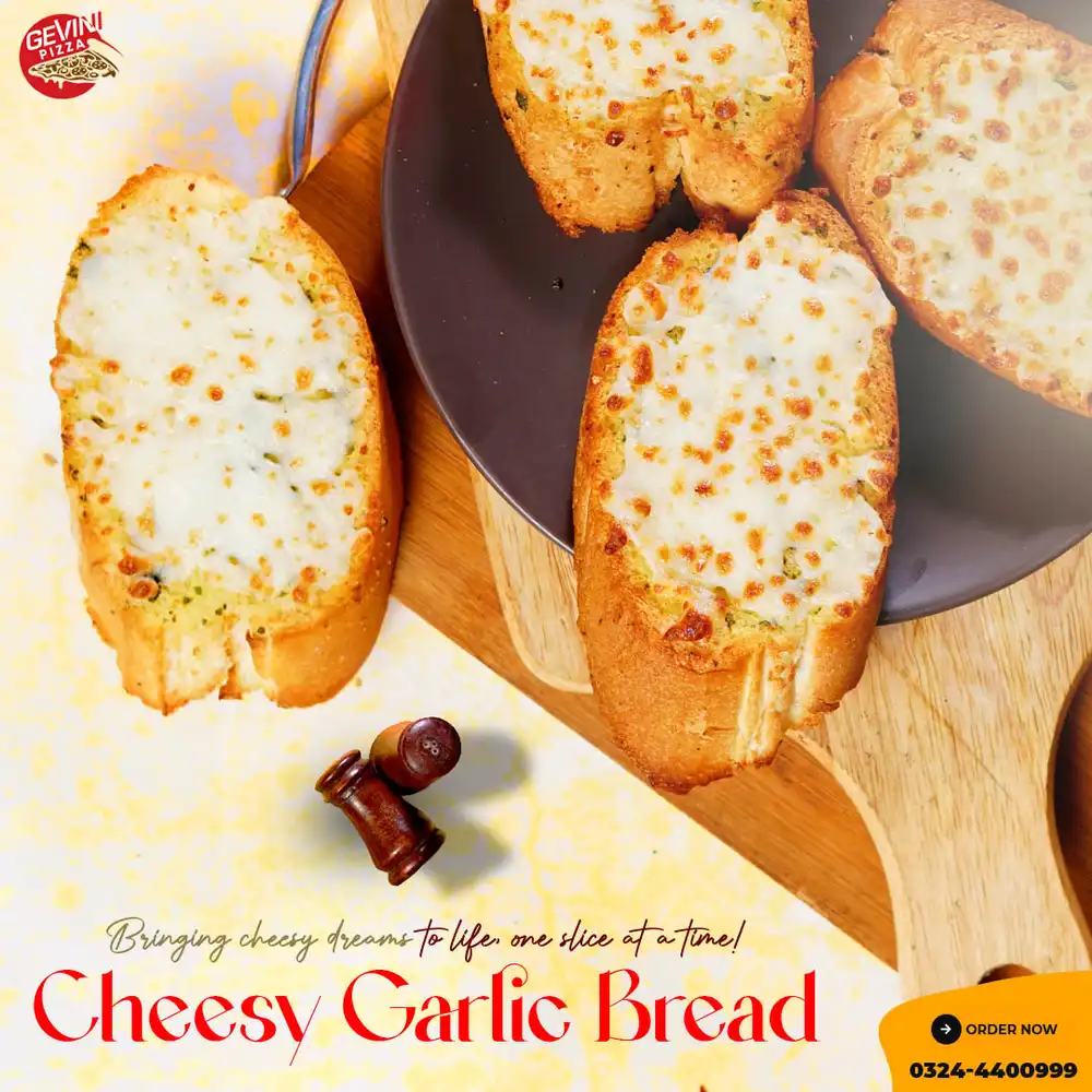 Cheesy garlic bread food PSD poster template with melted cheese and garlic topping