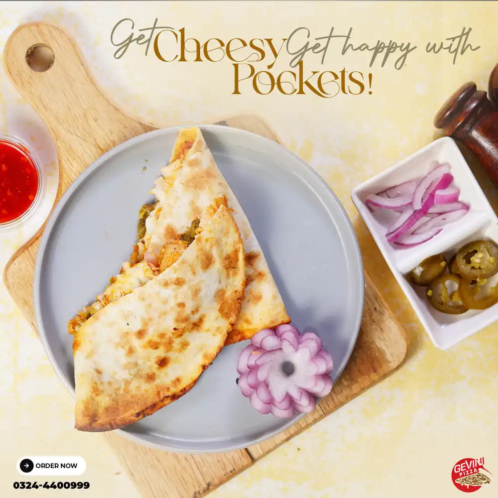 Cheesy Pockets food PSD poster template with melted cheese savory snack design