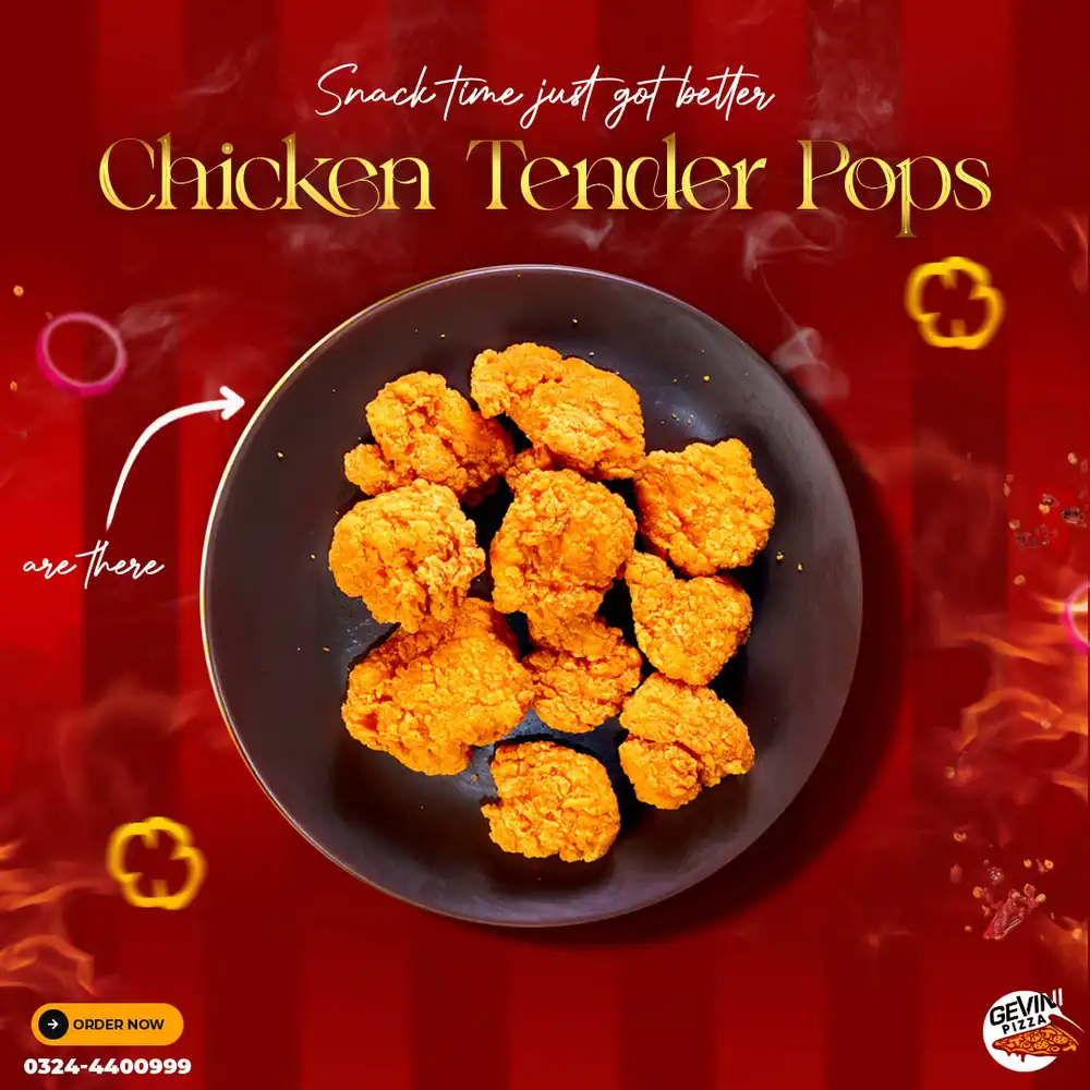Chicken Tender food PSD poster template with crispy chicken tenderloins and chicken pop design