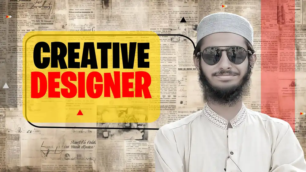 Creative Graphic Designer Facebook Cover PSD featuring vintage newspaper background, bold typography, and yellow box.