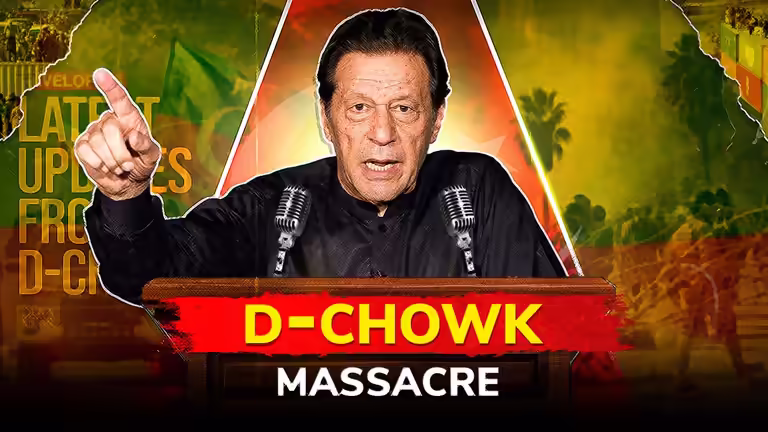 D-Chowk Massacre Thumbnail PSD featuring Imran Khan at a podium with protest graphics for YouTube news background.