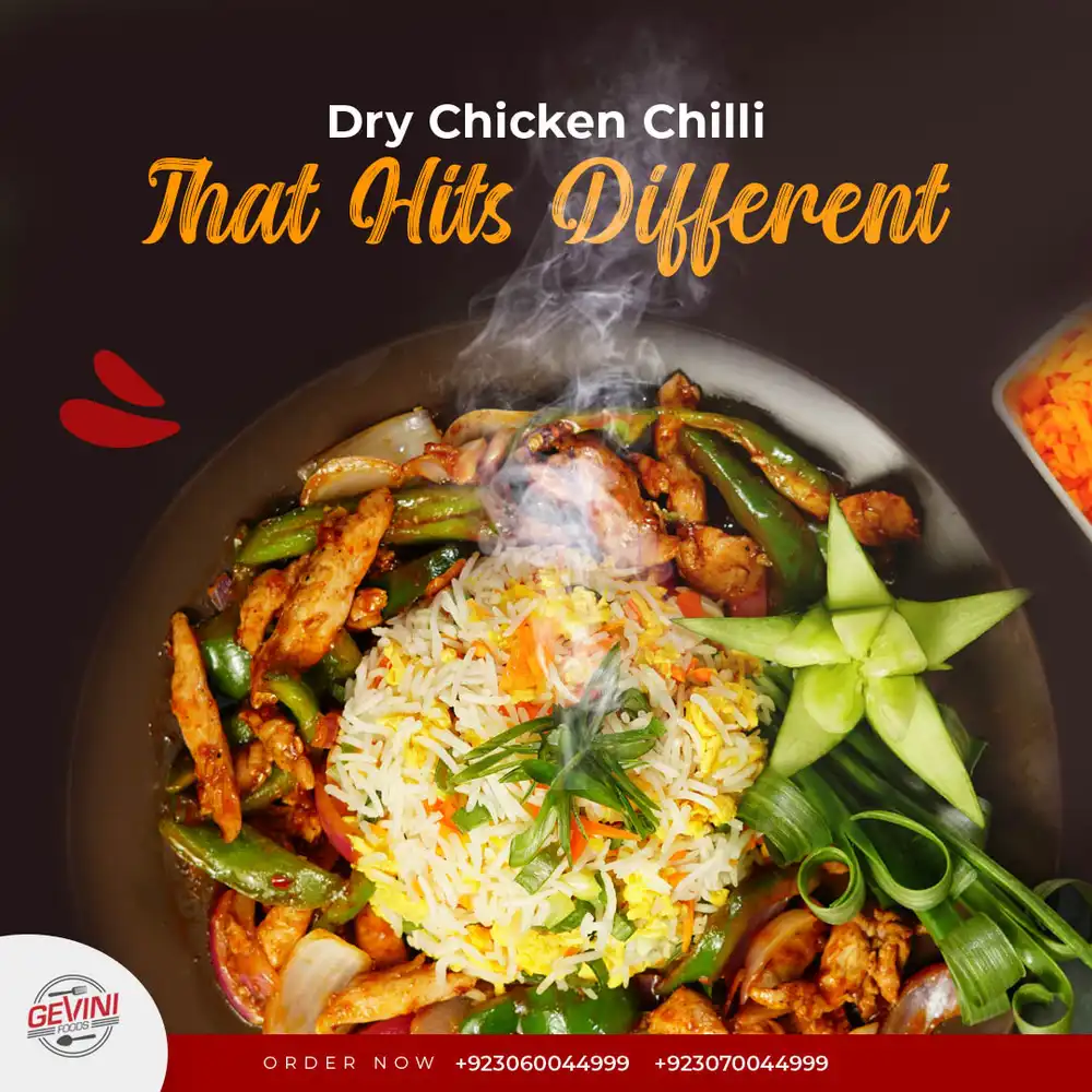 Dry Chicken Chili food PSD poster template with spicy dry chicken chili dish design