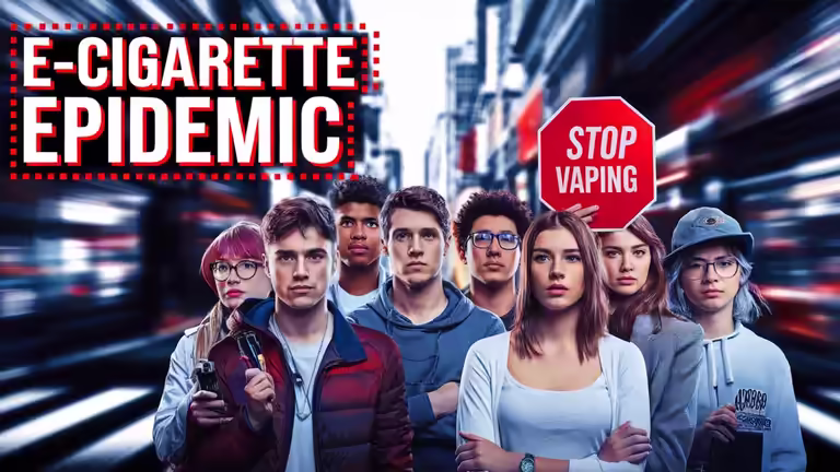 E-Cigarette Epidemic YouTube PSD template featuring a group of youth and a "Stop Vaping" sign for health awareness.