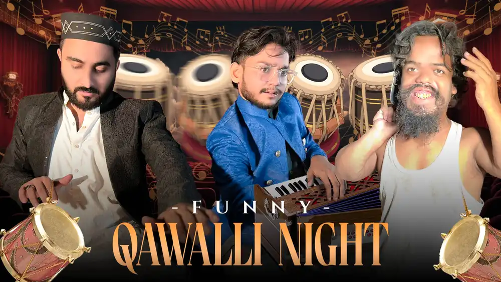 Editable Design Funny YouTube Thumbnail PSD featuring comedic actors, dholak, harmonium, and musical stage background.