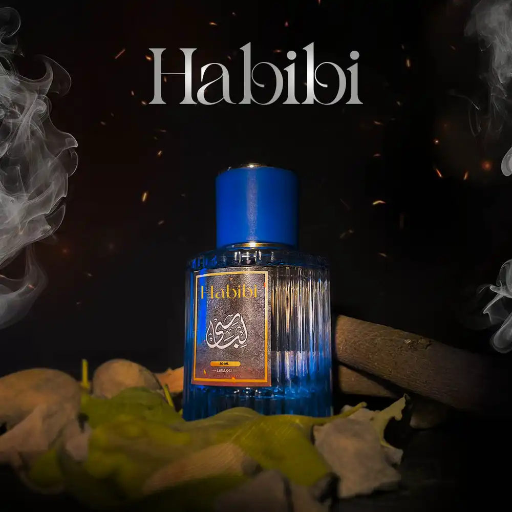 Habibi perfume PSD mockup with luxury bottle, editable for branding and marketing.