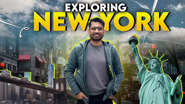 Exploring New York Thumbnail PSD featuring a traveler, Statue of Liberty, and Brooklyn Bridge for YouTube travel vlog.