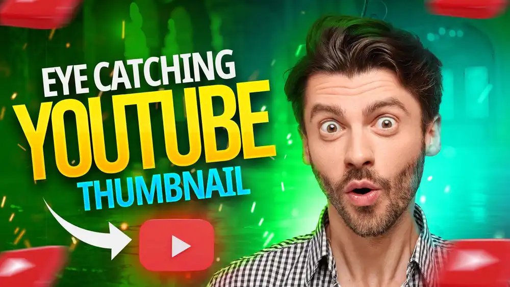 A shocked man next to large yellow text "YouTube Thumbnail" on a glowing green background with floating YouTube icons.