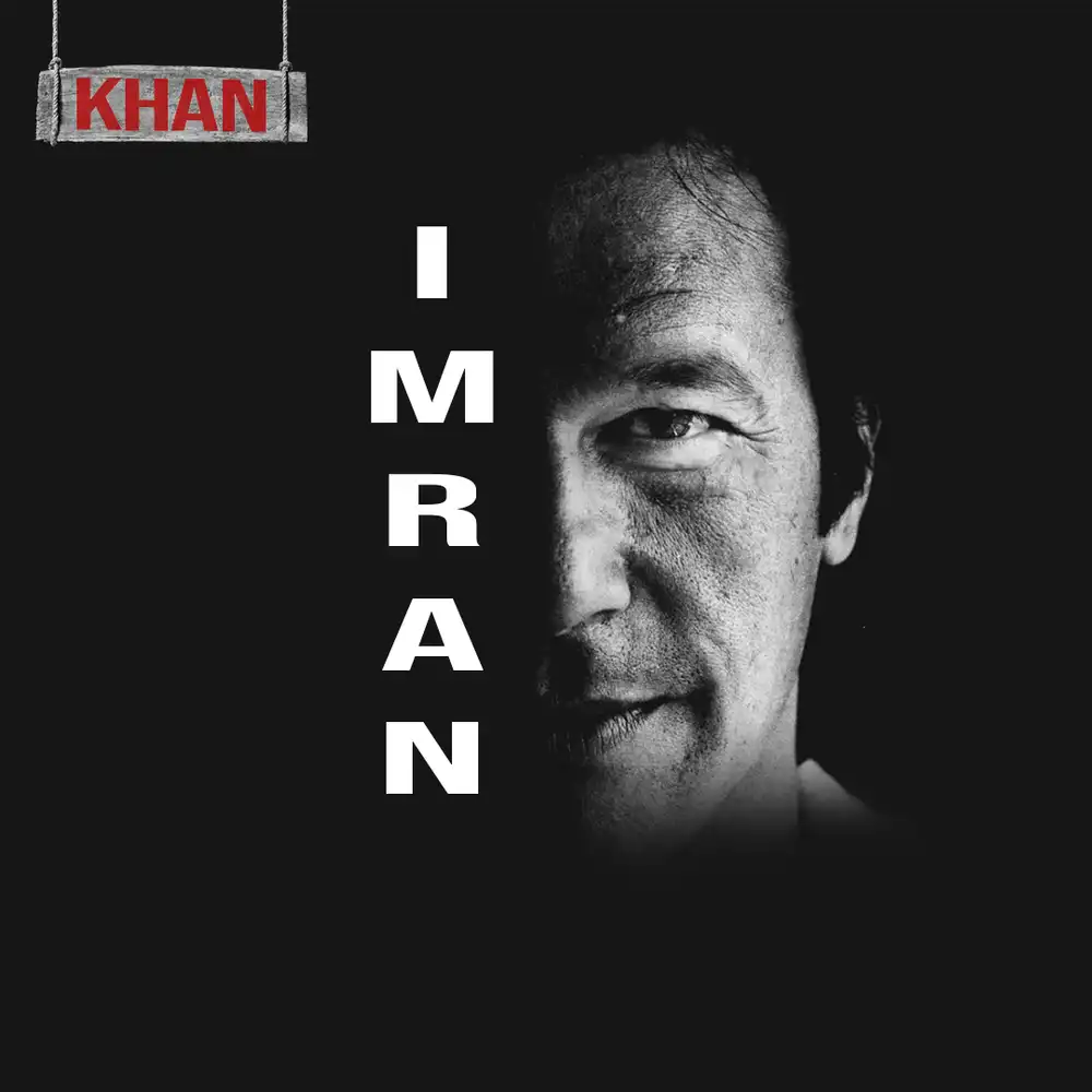 Cinematic dark portrait of Imran Khan face with dramatic lighting and vertical typography