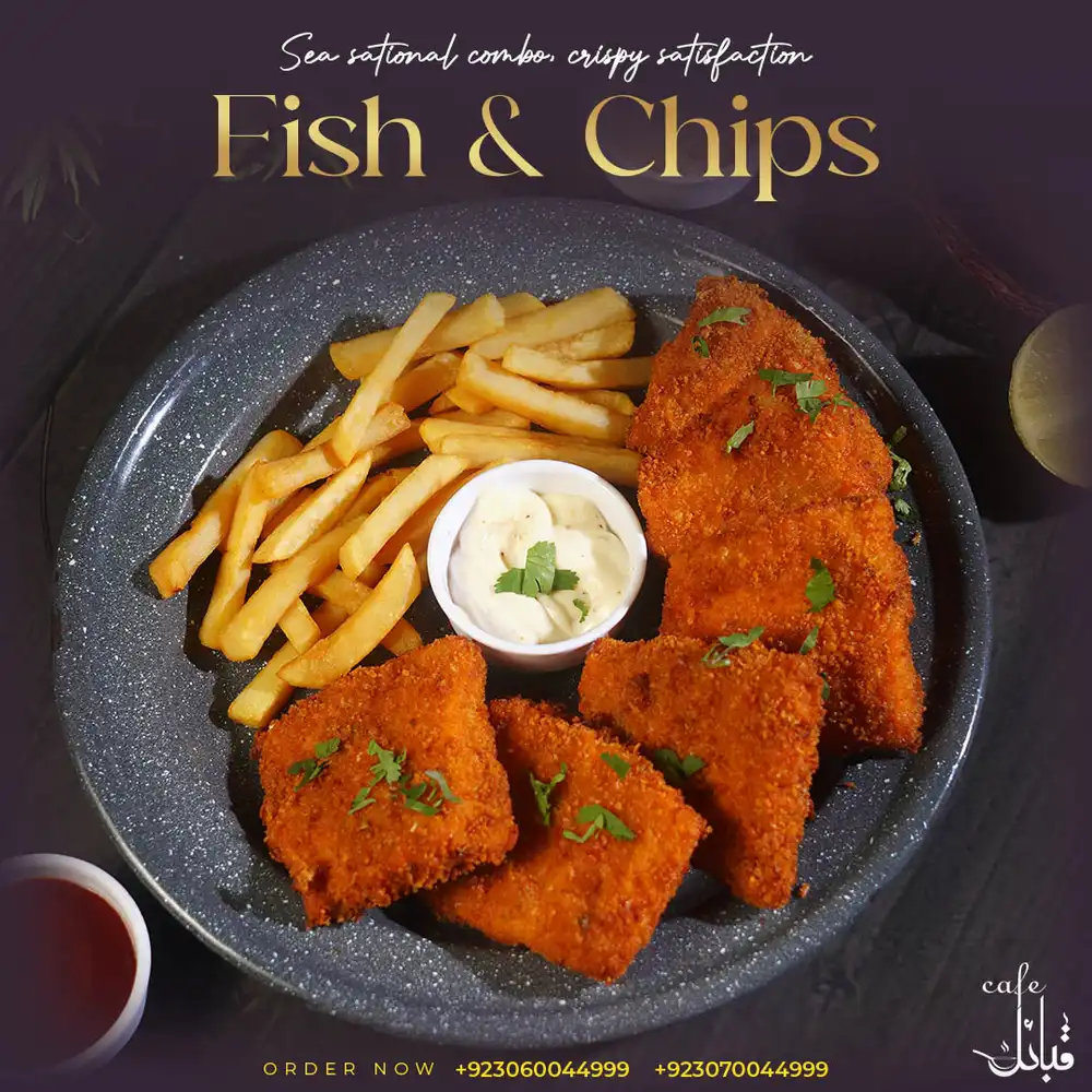 Fish & Chips food PSD poster template with golden fried fish and crispy fries design