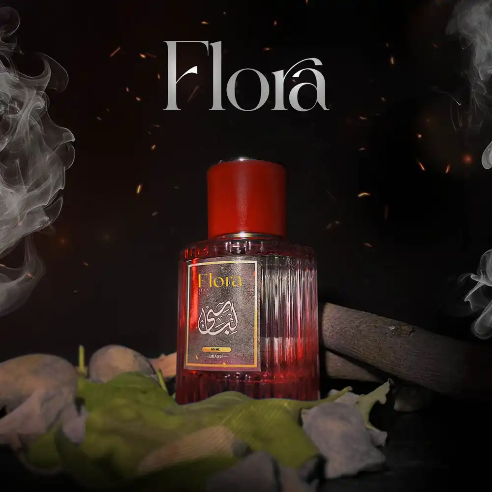 Flora perfume bottle product photography PSD template with red cap, smoke effects, and wood elements background.