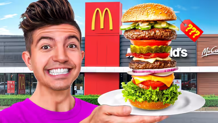 Food Challenge YouTube PSD template with a giant stacked burger and excited face for fast food review thumbnails.