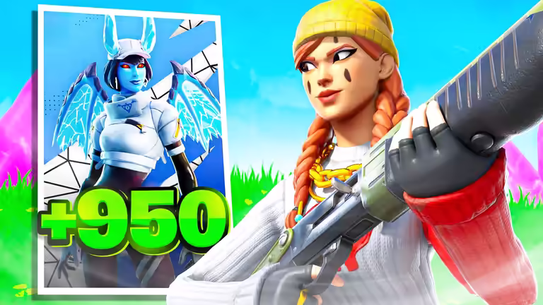 Fortnite Gaming Thumbnail PSD featuring a female character with a shotgun, vibrant colors, and +950 level up graphics.