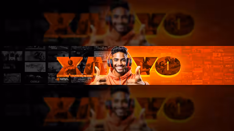 An orange gaming YouTube banner template featuring a smiling gamer avatar with headphones giving thumbs up.