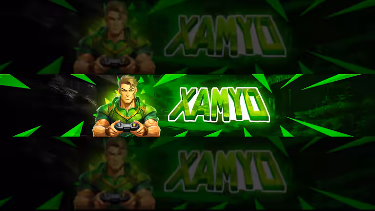 A vibrant green gaming YouTube banner template featuring an illustrated muscular gamer holding a controller.