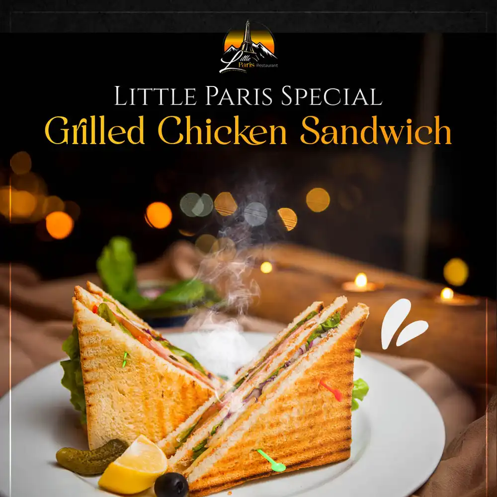 Grilled chicken sandwich food PSD poster template with grilled chicken breast and fresh bread
