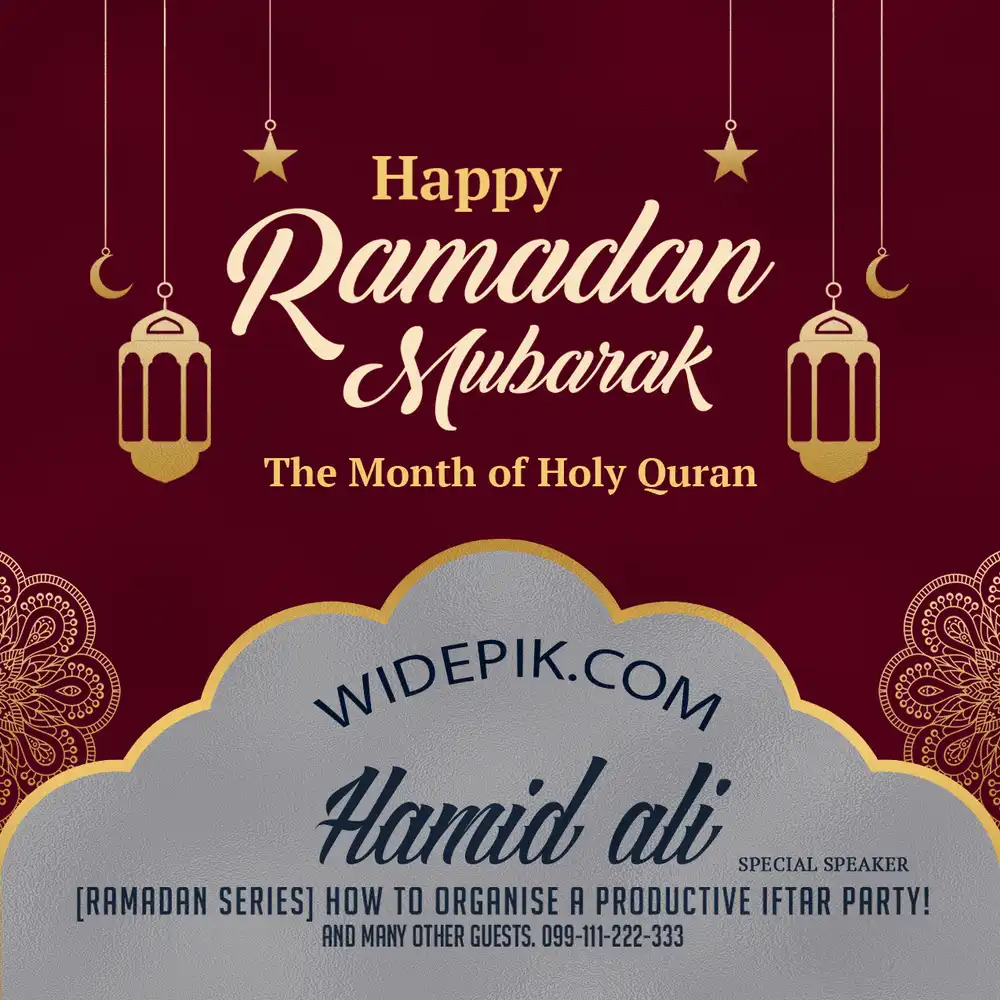 Happy Ramadan Mubarak event poster design featuring a maroon background with elegant gold mandala Islamic patterns