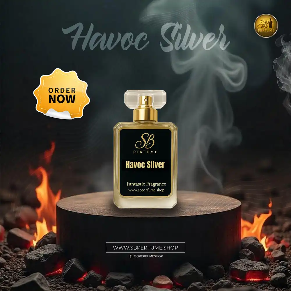 Havoc Silver perfume bottle on wooden stand with fire and smoke background, professional product poster PSD design.