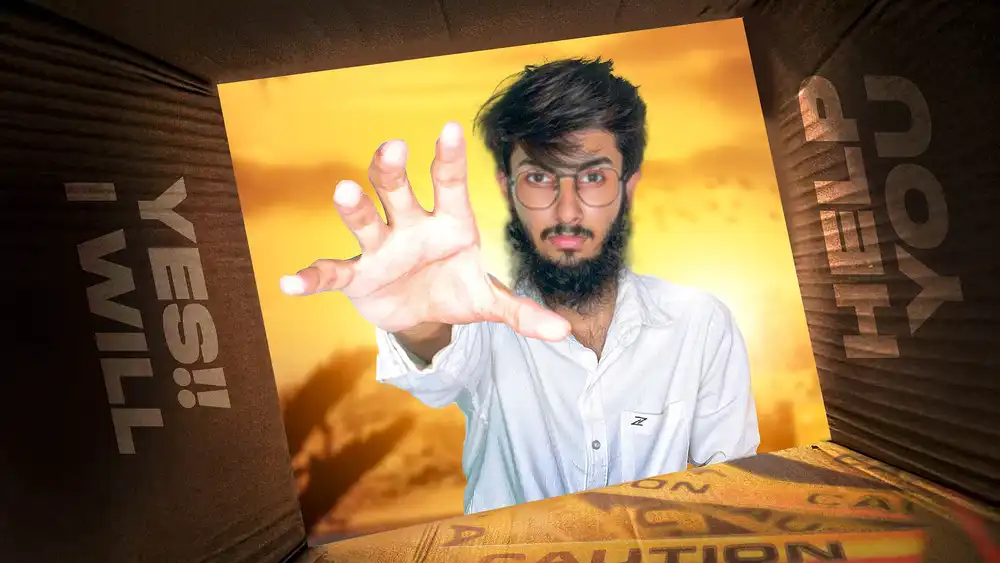 Help You Creative YouTube Thumbnail PSD featuring a man reaching out from a box with orange sunset background.