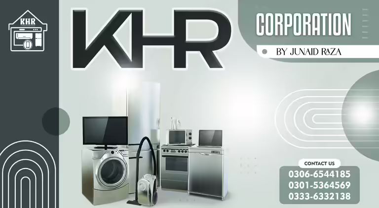 Horizontal commercial banner template featuring home appliances under a large corporate KHR logo.