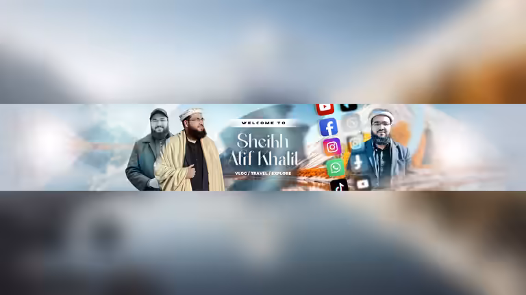 An Islamic travel YouTube banner template with mountain lake backgrounds and multiple scholar portrait slots.