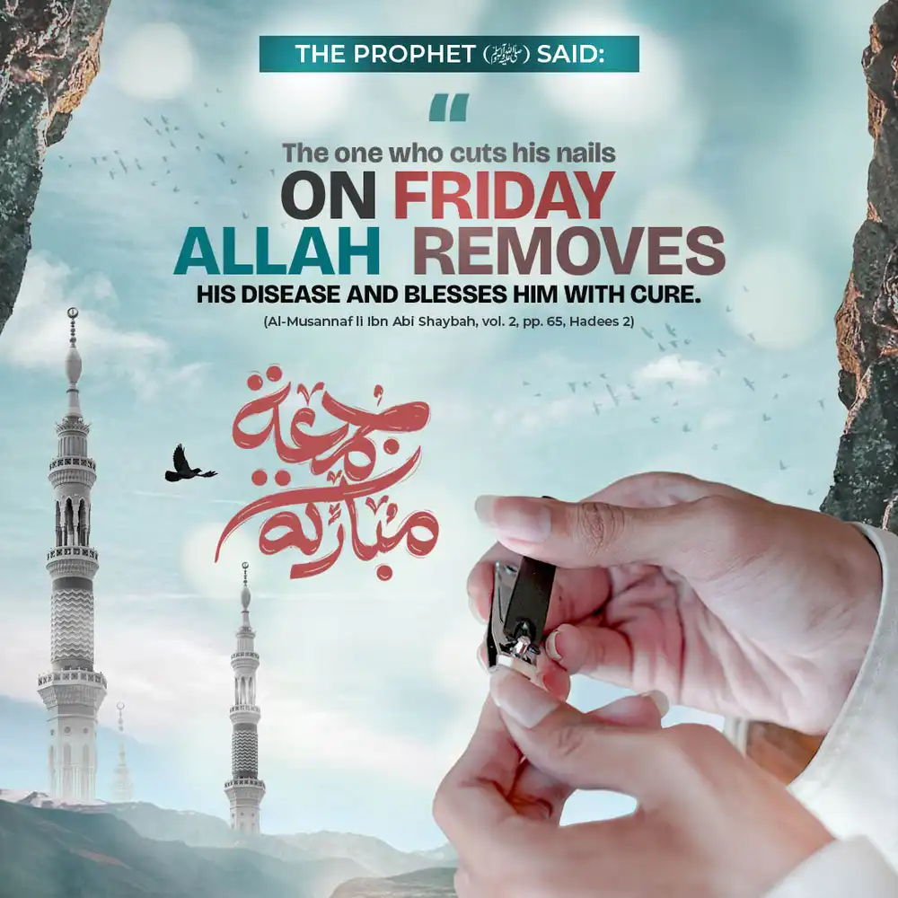 Jumma Mubarak PSD Template featuring a Hadith about cutting nails on Friday with Masjid minarets and aesthetic background.