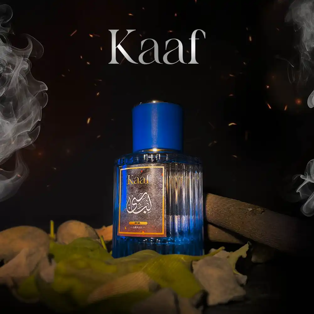 Kaaf perfume PSD mockup with luxury bottle, editable for branding and marketing.