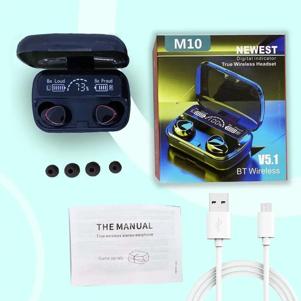 M10 TWS wireless earbuds with charging case, digital battery indicator, retail box, and USB cable on a light blue background.