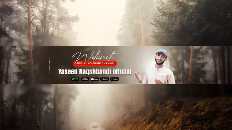 An Islamic YouTube banner template featuring a creator portrait on a misty pine forest road background.