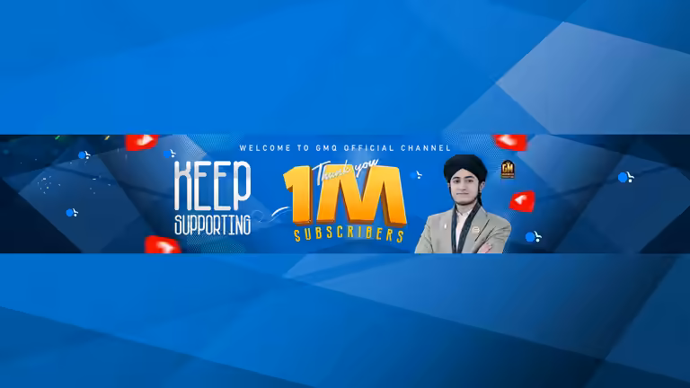 A blue geometric YouTube banner template celebrating 1 million subscribers with a professional portrait.