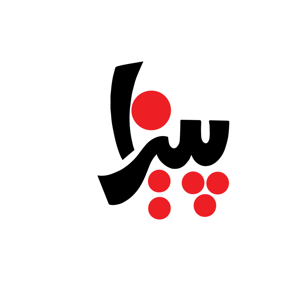 Modern Persian calligraphy logo with black curves and red circles