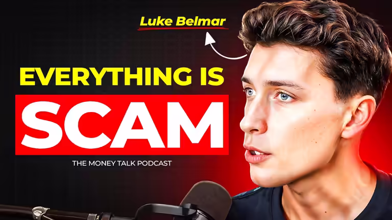 Money Talk Podcast PSD featuring Luke Belmar with "Everything is Scam" text for business and finance YouTube videos.