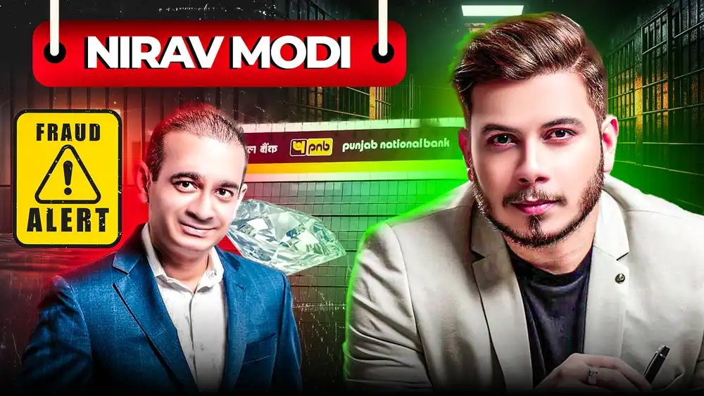 Nirav Modi fraud alert YouTube thumbnail PSD featuring Nirav Modi, a diamond, and a news presenter.