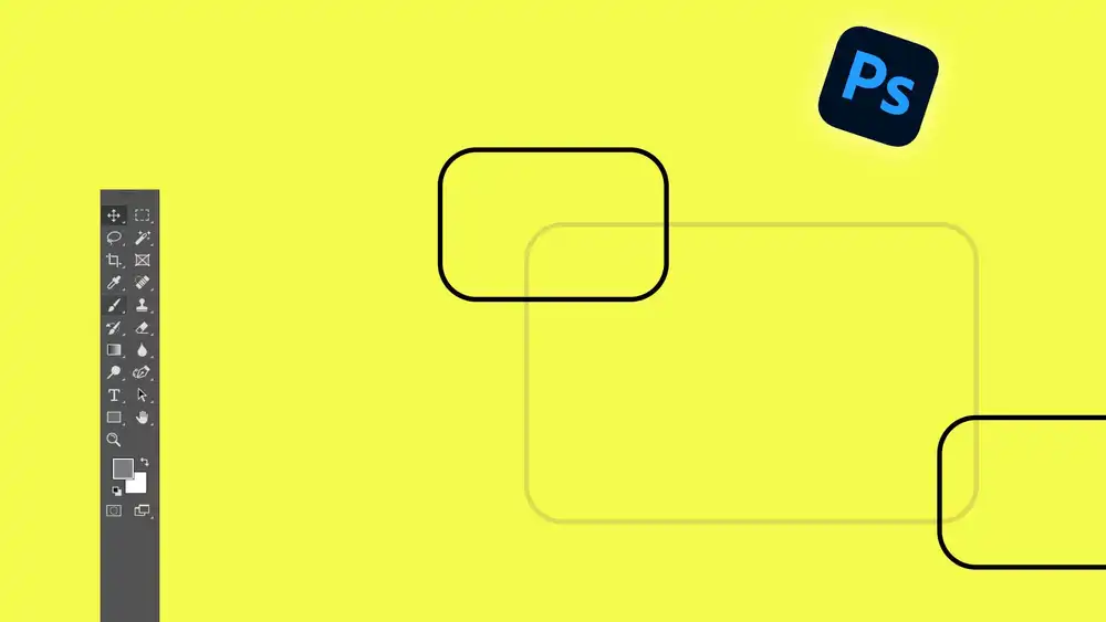 Photoshop interface elements on a bright yellow background with an editable rectangular canvas and Ps logo floating PSD.