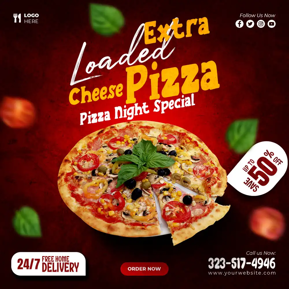 Fresh hot cheesy pizza poster with crispy crust and special offer design in PSD format