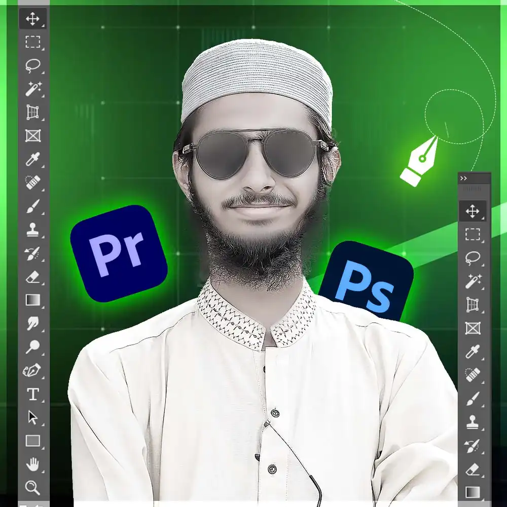 Graphic designer in a white cap and sunglasses flanked by Adobe Pr and Ps icons on a glowing green tech background PSD.