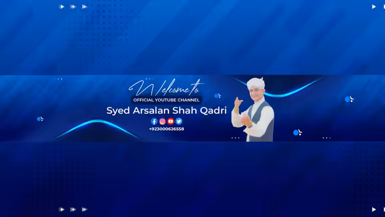 A modern blue Islamic YouTube banner template featuring a young scholar portrait on a geometric background.