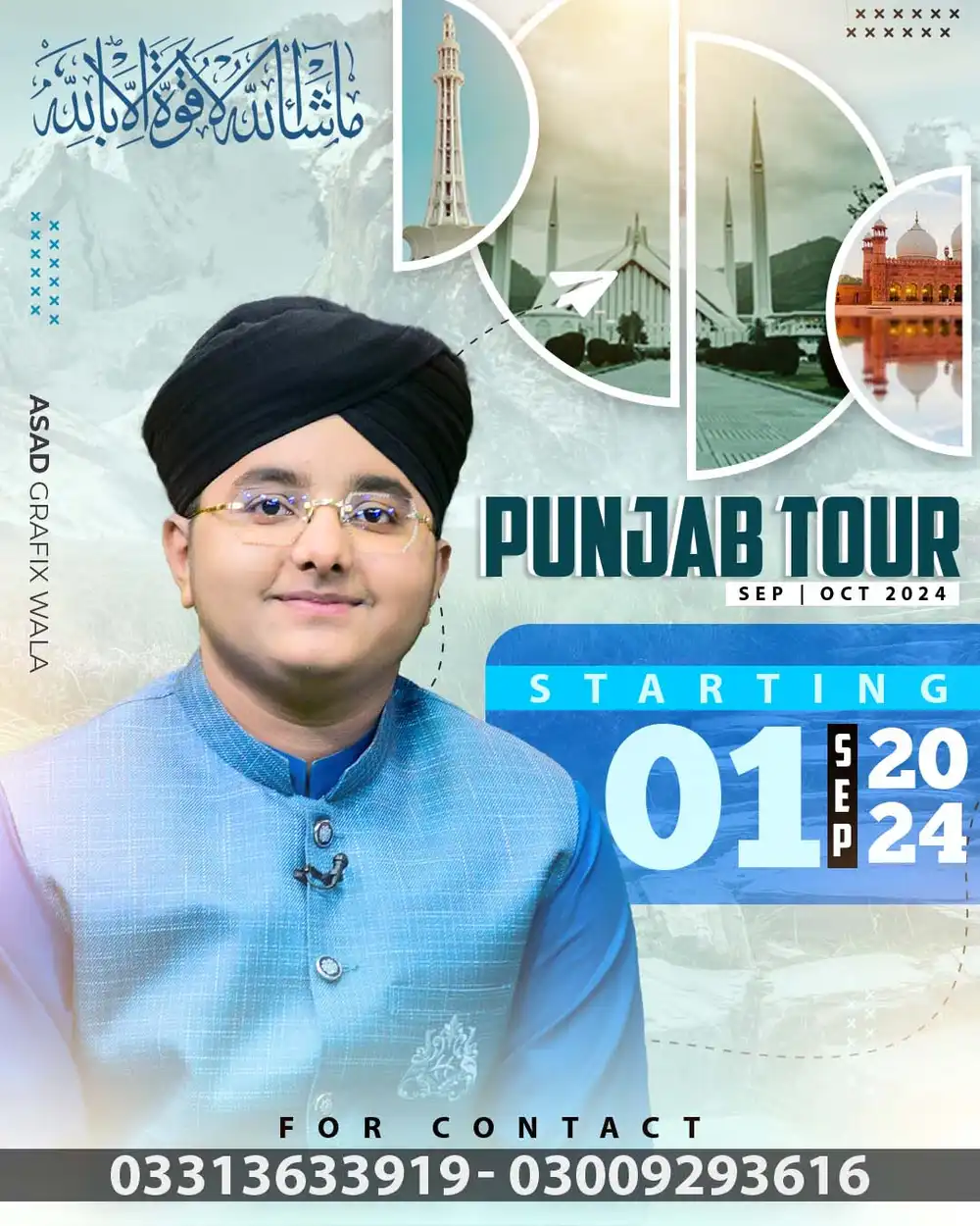 Punjab Tour social media poster featuring a scholar, Minar-e-Pakistan, Faisal Mosque, and Badshahi Mosque imagery PSD.